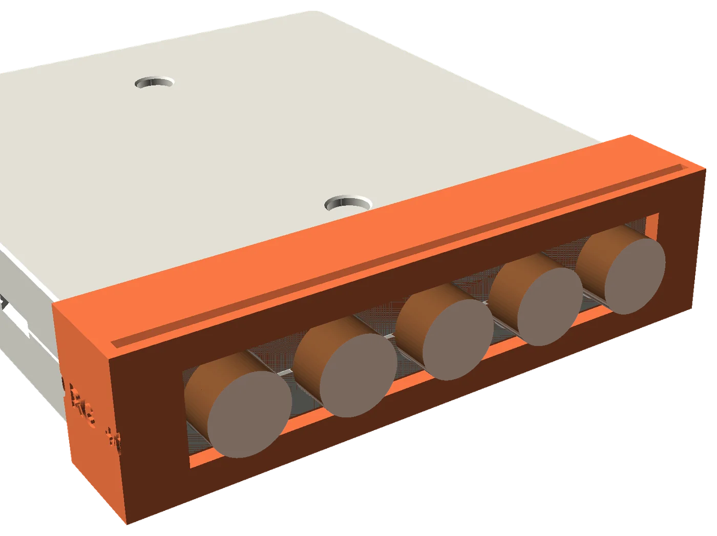Orange trim guide fitted over the foot end of a closed mold with five bunches passing through